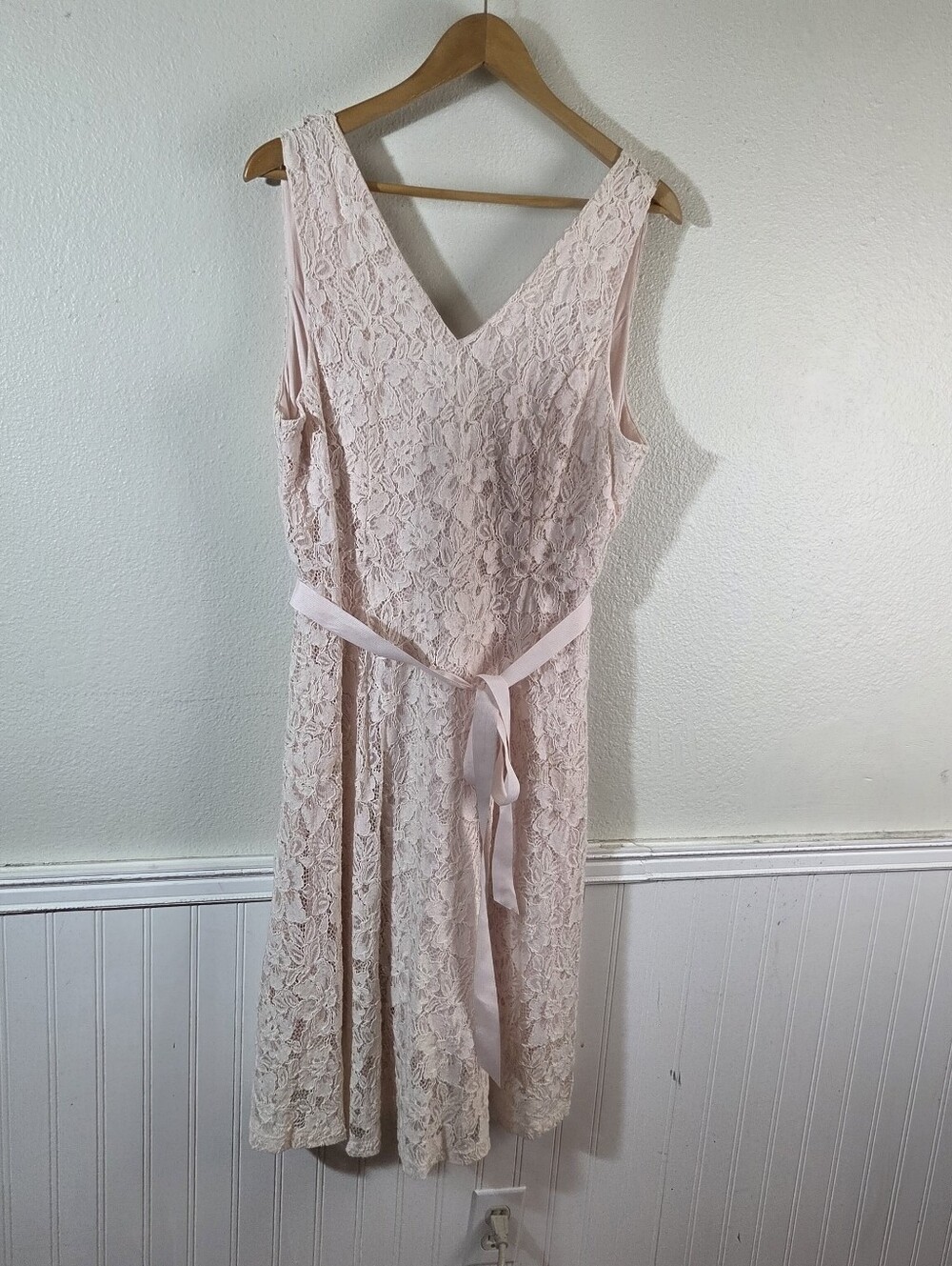 Lane Bryant Womens 14 Pink Lace Dress Sleeveless Midi Fit Flare Ribbon Belt - Picture 10 of 13